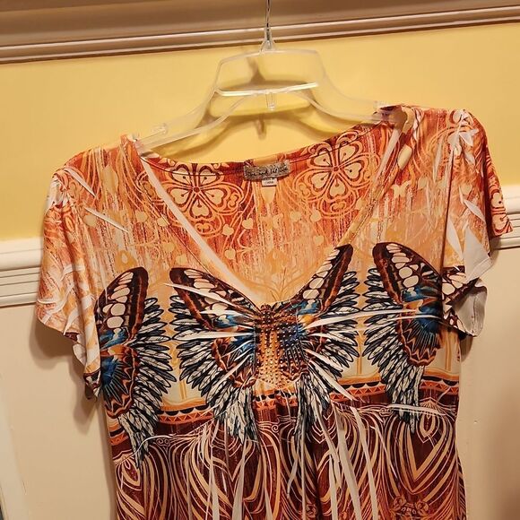Live & Let Live Orange Embellished Flutter Sleeves Top w/ Butterflies Size L - Picture 2 of 7